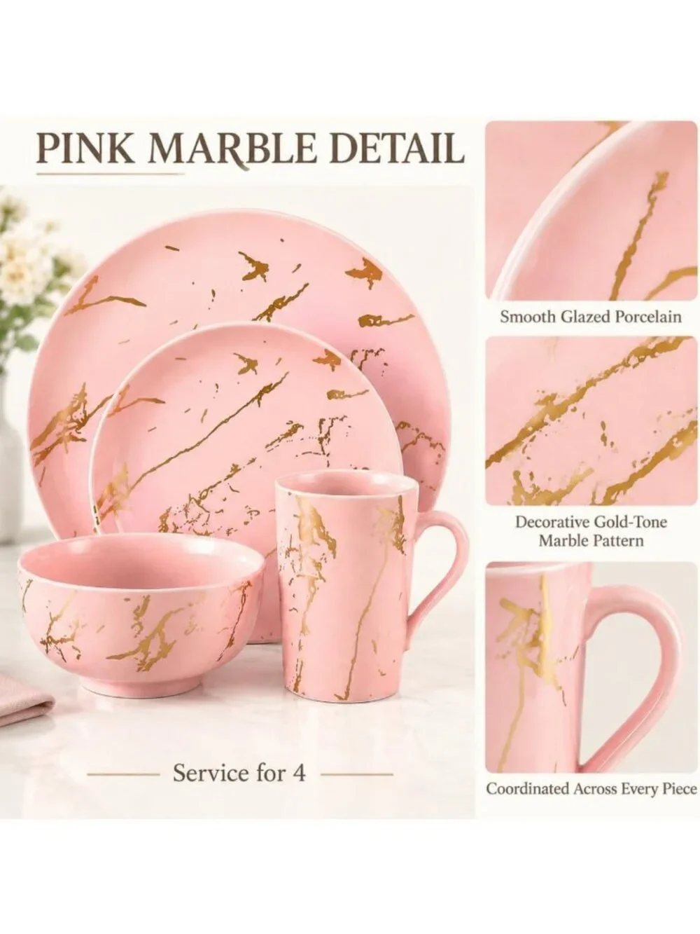 Elegant Pink Dinnerware Set for 4 | 16-Piece Porcelain with Gold Marble Accents